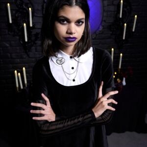 Wednesday Black Velvet Collared Twofer Long-Sleeve Dress w/collar pins Size XL